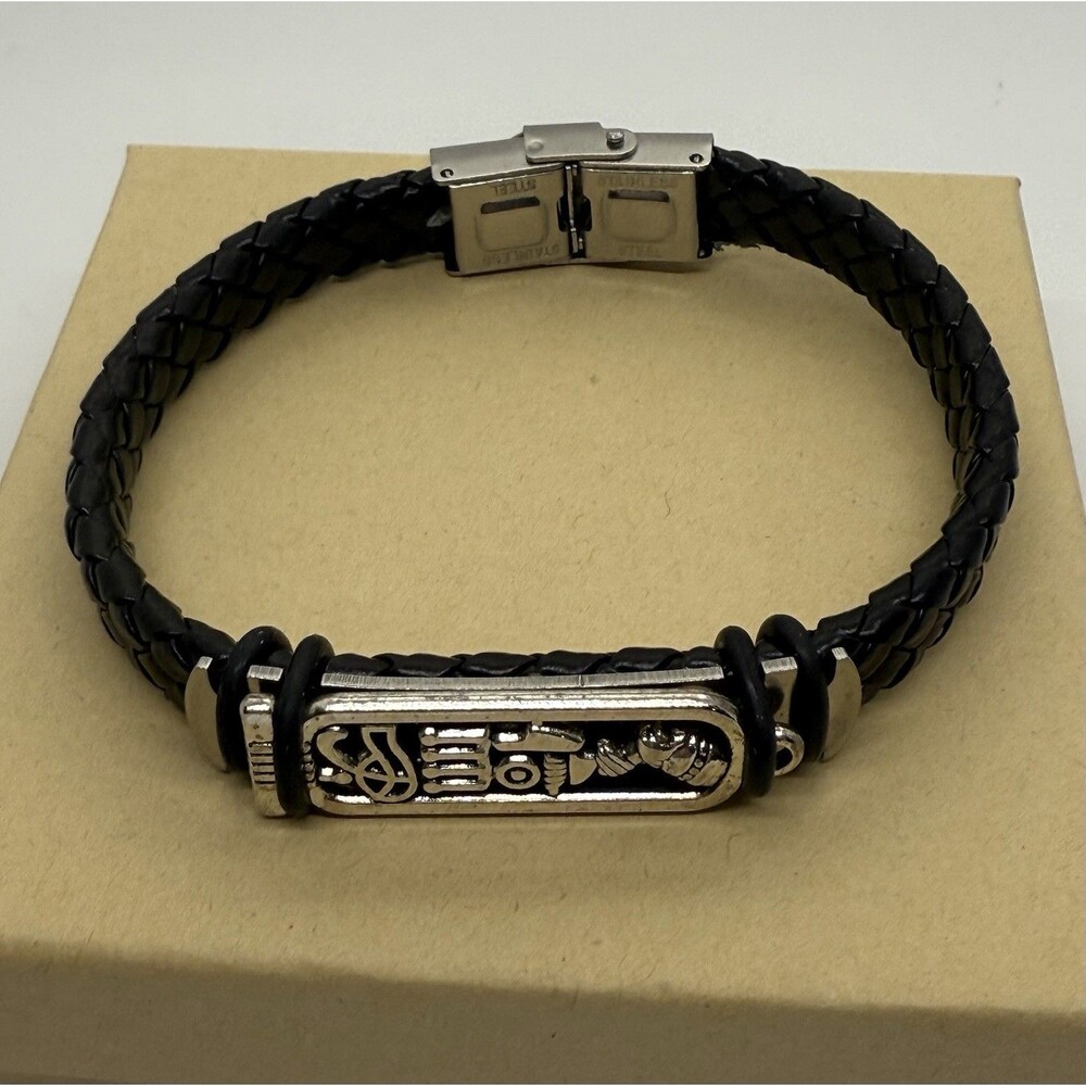 Handmade Egyptian Cartouche Bracelet, Stainless Steel Clasp Leather Band Men